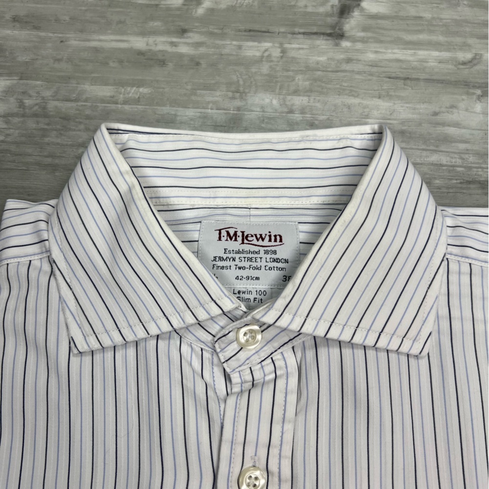 T.M. Lewin White w/ Blue Stripe French Cuff Shirt 16.5-36 - Picture 2 of 3